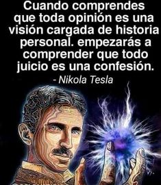 a man holding a blue light in his hand with the words nikola tesla on it