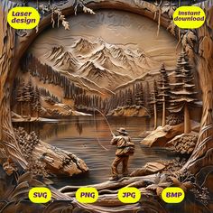 an image of a wood carving of a man fishing in the woods with mountains and trees