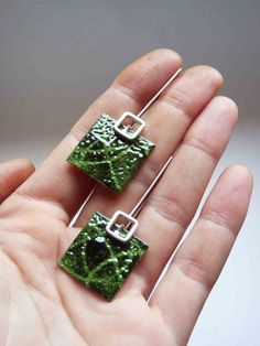 Green enamel earrings, Dangle earrings, square earrings, Stencil earrings,  Sterling silver and copp Cheap Rectangular Metal Earrings, Cheap Green Rectangular Earrings, Copper Enameling, Enameling Jewelry, Enameled Jewelry, Cloisonne Jewelry, Tin Earrings, Fused Glass Earrings, Earrings Square