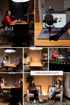 a series of photos showing the process of recording an event with microphones and sound equipment