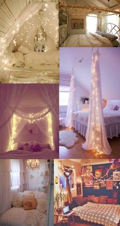 four different pictures with lights in them and some bedspreads on the floor