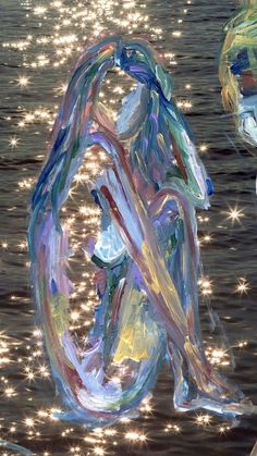 an abstract painting of a woman sitting on the edge of a body of water with sparkling lights around her