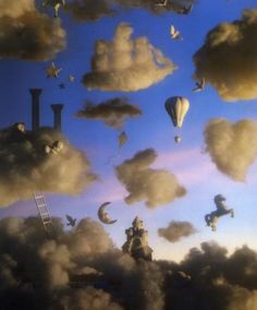 the sky is filled with lots of clouds and birds flying above it, while there are some type of objects floating in the air