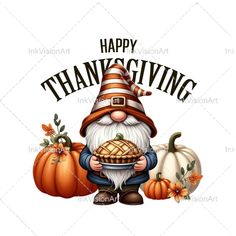 a thanksgiving gnome holding a pie and pumpkins