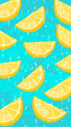 many slices of lemons are floating in the water on a blue background with bubbles