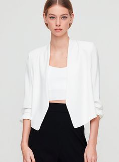 POWER SHORT BLAZER - Cropped, 3/4 rolled sleeve blazer Versatile Formal Spring Blazer, Versatile Spring Formal Blazer, Versatile Formal Blazer For Spring, Elegant Open Front Blazer, Fitted Open Front Elegant Blazer, Elegant Open Front Formal Blazer, Elegant Fitted Open Front Blazer, Fitted Open Front Office Blazer, Fitted Open Front Blazer For Office