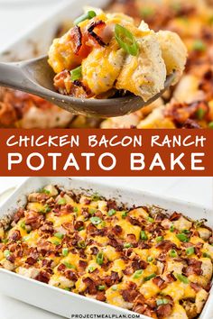 chicken bacon ranch potato bake in a casserole dish with a serving spoon