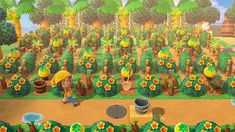 an animal crossing game with sunflowers in the field and people walking around it