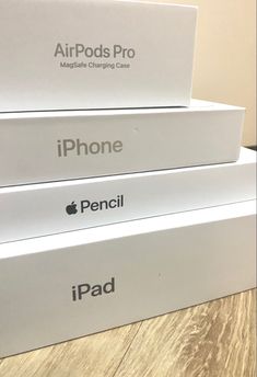 three boxes are stacked on top of each other with the same apple product in them