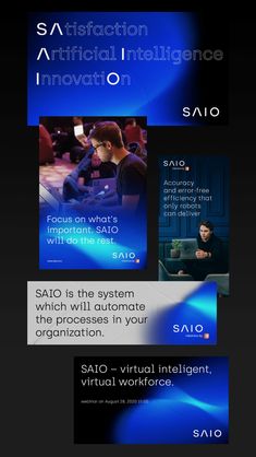 a series of blue and black images with text on them that reads saq - virtual intelligent artificial innovation innovation