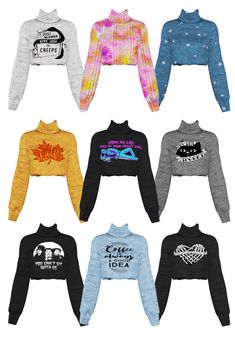 six sweaters with different designs on them, all in different colors and sizes are shown