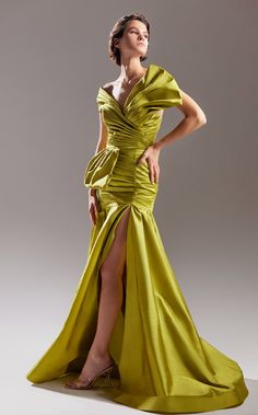 One-shoulder taffeta mermaid gown with pleating and a dramatic train, designed for stunning evening elegance. Peplum Designs, Mnm Couture, Designer Evening Dresses, Mermaid Skirt, Olive Color, Mermaid Dress, Shoulder Design, Couture Collection, One Piece Swimwear