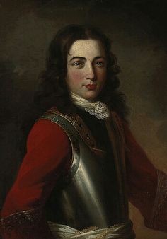 a painting of a man in armor with his hand on his hip and wearing a red shirt