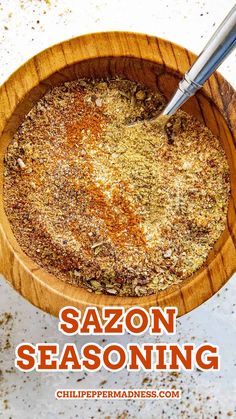 Overhead on a wooden bowl full of the sazon seasoning. Sazon Seasoning Recipes Chicken, Nature's Seasoning Recipe, Goya Sazon Seasoning Recipe, Homemade Sazon, Seasoning Blends Spice Mixes, Homemade Sazon Seasoning, Sazon Seasoning, Sofrito Recipe, Cheese Danish Recipe