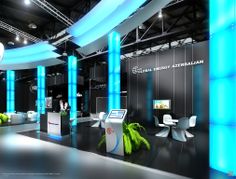 an exhibition stand with blue lights and white furniture