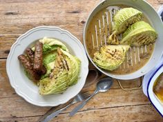 Braised Garlic and Herb Cabbage with a Pea Mash and Sausages British Sausage, Pea Mash, Sweetcorn Chowder, Franks Recipes, Sausage And Cabbage, Braised Cabbage, Making Mashed Potatoes, How To Make Sausage, Tasty Recipe