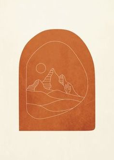 an orange and white illustration with mountains in the background, on a beige paper sheet