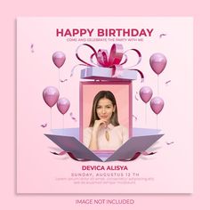 a birthday card with an image of a woman in a gift box and balloons on the background