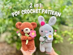 two crocheted teddy bears holding flowers in their hands with the caption 2 in 1