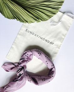 a white bag with a pink scarf on top of it next to a green plant