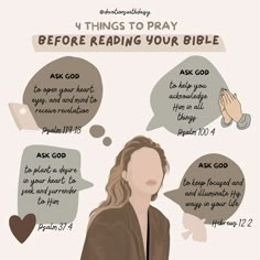 a woman with her hand on her chest and the words, 4 things to pray before reading your bible