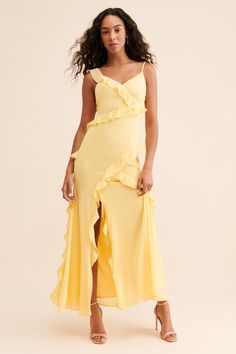 Rent Ruffle Slip Maxi Dress from Nuuly. Pick 6 items for $98/month. Free shipping + returns. Sunset Bridesmaids, Yellow Bridesmaid, Cute Formal Dresses, Slip Maxi Dress, Bridal Party Outfit, Yellow Bridesmaid Dresses, Old Hollywood Glam, Semi Formal Dress