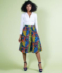 "Blue African Print Skirt🤩” Kitenge Designs For Young Ladies, African Midi Skirt, Ankara Midi Skirt, Tailoring Ideas, Blue African Print, Church Skirts, African Skirt, Kitenge Designs, Ladies Skirts