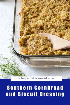 a casserole dish with bread and biscuit dressing