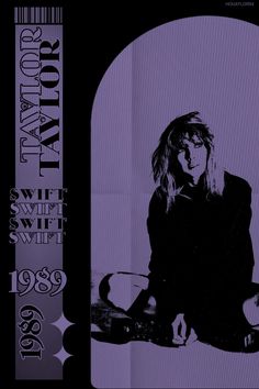 a woman sitting on the ground in front of a purple and black advertisement for taylor taylor's sweet sweet sweet