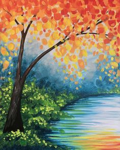 an acrylic painting of a tree by the water