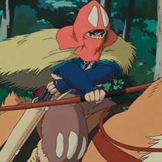 an anime character riding on the back of a horse with a red helmet and tail