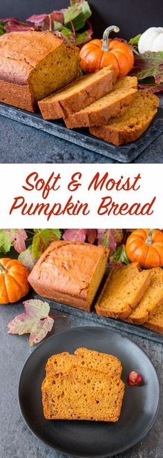 pumpkin bread is cut into slices and served on a black plate with autumn leaves in the background