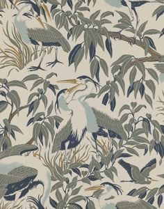 a wallpaper with birds and leaves in blue, green, beige and white colors