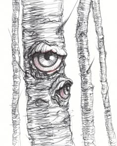 Trees With Eyes Art, Creepy Nature Art, Surrealism Pen Drawing, Tree With Eyes Tattoo, Tree With Eyes Drawing, Trippy Tree Drawing, Art With Words Drawing, Monster Plant Drawing, Aspen Tree Art