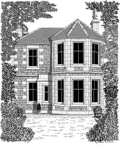 a drawing of a house in black and white