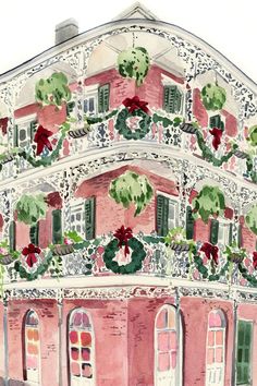 a watercolor painting of a pink building with wreaths on the windows and shutters