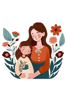 a mother holding her child in her arms and flowers around her, with the words happy mothers