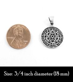 Material: 100% Sterling silver Weight: 3.4 grams 3/4 inch in diameter (18 mm) Item number: wh380 The entire face of this handsome Seal of Solomon pendant is intricately detailed giving it a rich texture that is accentuated by an oxidized finish. The central focus is a Star of David which holds a yet smaller Star of David within a circle. Encircling the double Star are the symbols of the Zodiac, and framing those are a round border containing many symbols, letters and various writings. All of the Silver Engraved Star Of David Necklace, Spiritual Star Of David White Gold Jewelry, Spiritual White Gold Star Of David Jewelry, White Gold Star Of David Spiritual Jewelry, Symbolic Star-shaped Engraved Jewelry, Symbolic Star Of David Engraved Jewelry, Silver Star Of David Symbolic Jewelry, Engraved Star Of David Amulet Jewelry, Hallmarked Silver Star Of David Jewelry