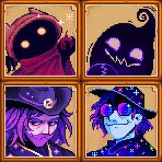 four pixel style pictures of different people in hats and clothes, one with purple hair