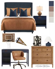 a bedroom with blue, brown and tan accents