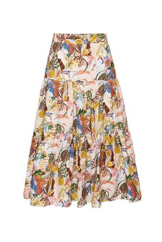 Every spring wardrobe needs this midi-length skirt with tiered panels, exuding a look of elegance with a touch of leisure reminiscent of seaside dinners on the French Riviera. The voile fabric, adorned with our in-house designed Rainbow Groovy Blooms print, creates an airy whimsical feel, and is elevated further with texturized detailing. Pair it with our peony tee for your beach-vacation dinners, or with our Ruched Sleeve Sweater for your city look. - Centerback hidden zipper- Length 33"- Made Vacation Dinners, Seaside Dinner, Tiered Midi Skirt, Voile Fabric, Wardrobe Needs, Ruched Sleeve, The French Riviera, Just Style, Virtual Fashion