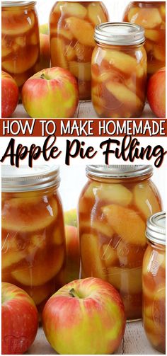 jars filled with apple pie filling sitting on top of a table