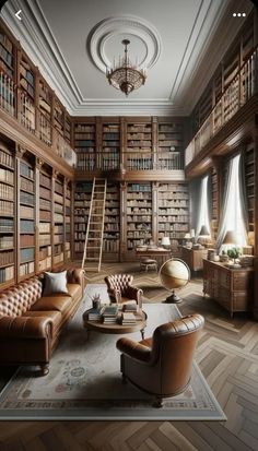 a living room filled with lots of brown furniture and bookshelves full of books