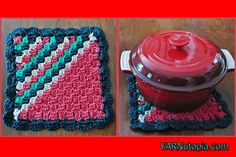 a crocheted pot holder and placemat on a wooden table with a red lid