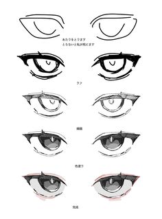 an anime character's eyes are shown with different angles and shapes, including the upper half