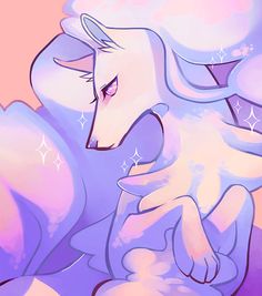 a drawing of a white furry animal sitting on top of a purple cloud covered ground