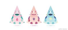 three party hats with different shapes and colors, one in pink, the other in blue