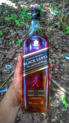 a person holding up a bottle of liquor in the woods with leaves on the ground