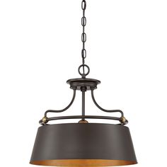 a light fixture with a black shade on the bottom and gold trimming around it