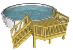 an above ground swimming pool with steps leading to the deck and railings around it